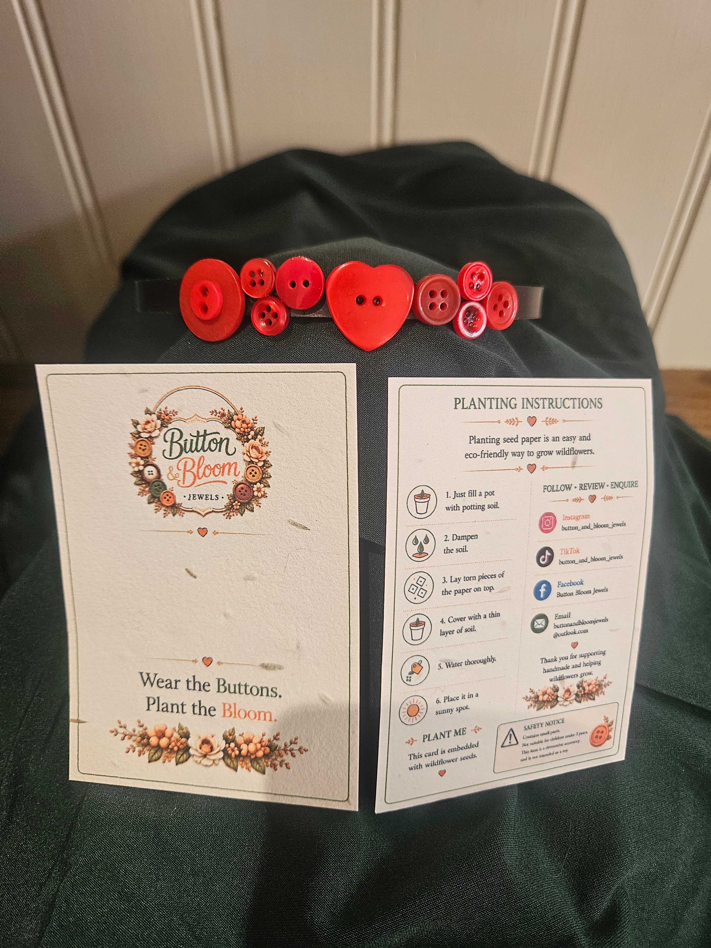 Red heart recycled button headband