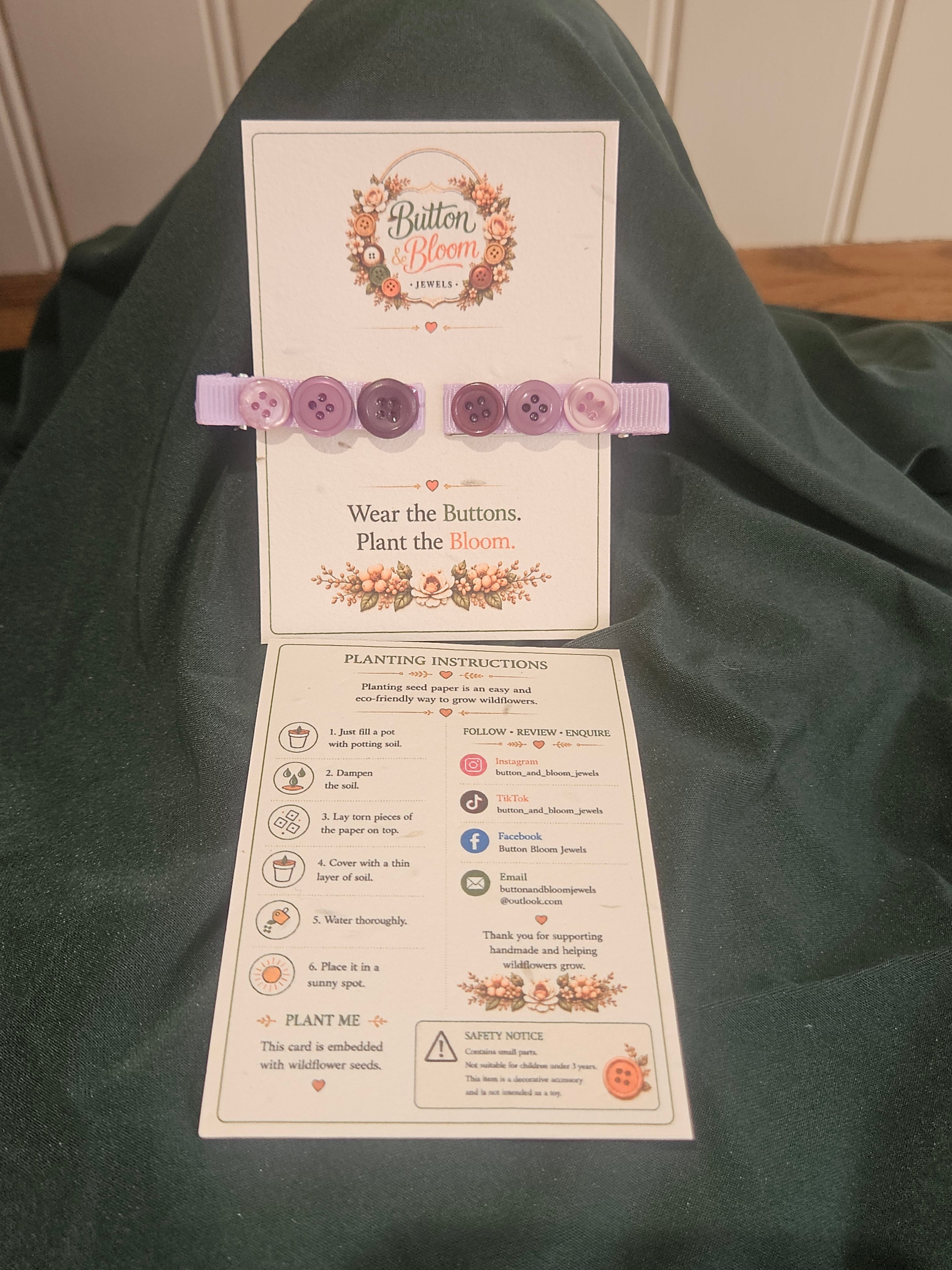 Purple recycled button alligator clips lined with ribbon