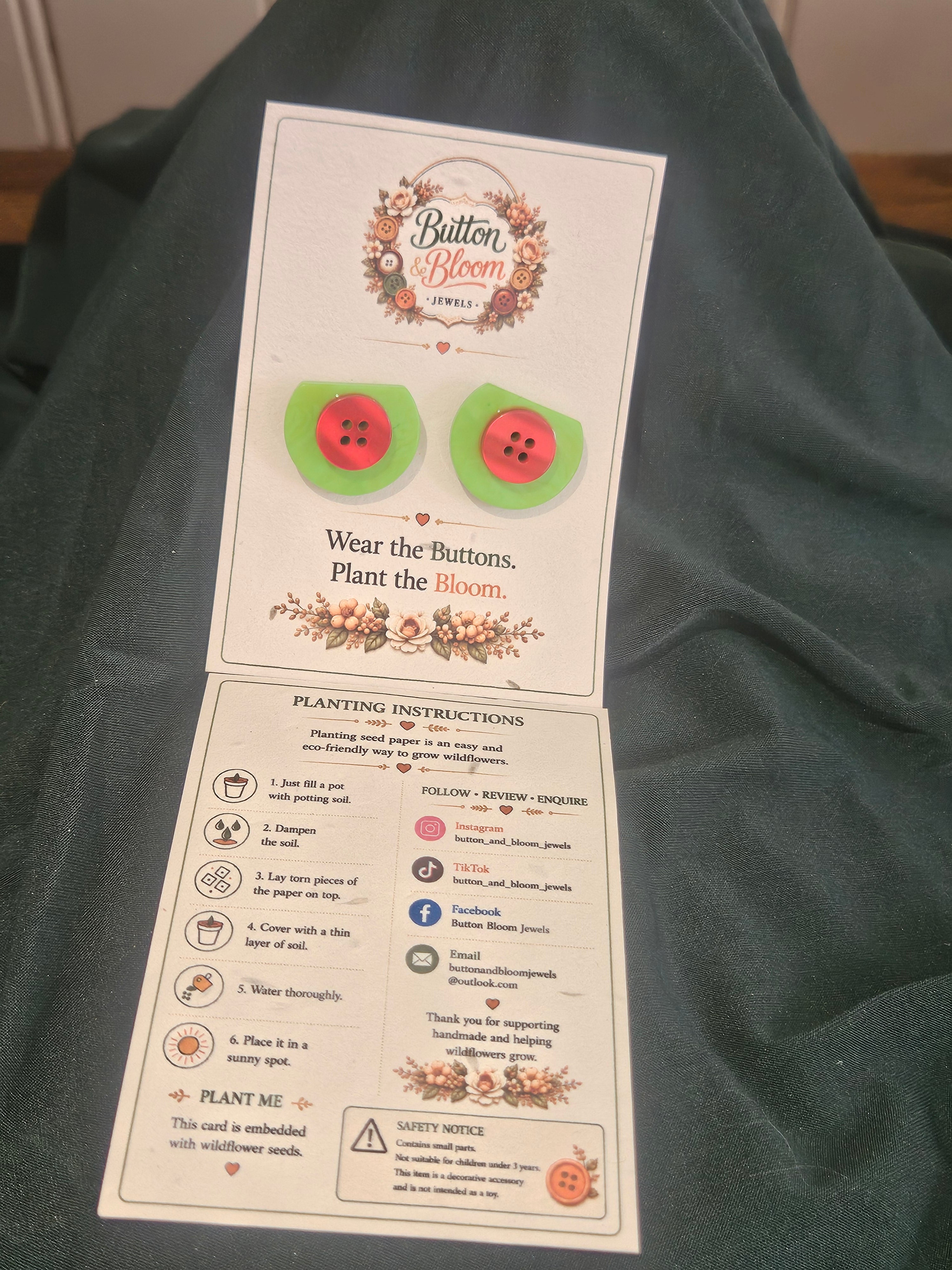 One of a kind, double stacked button stud earring. Green and Red 'Watermelon' theme