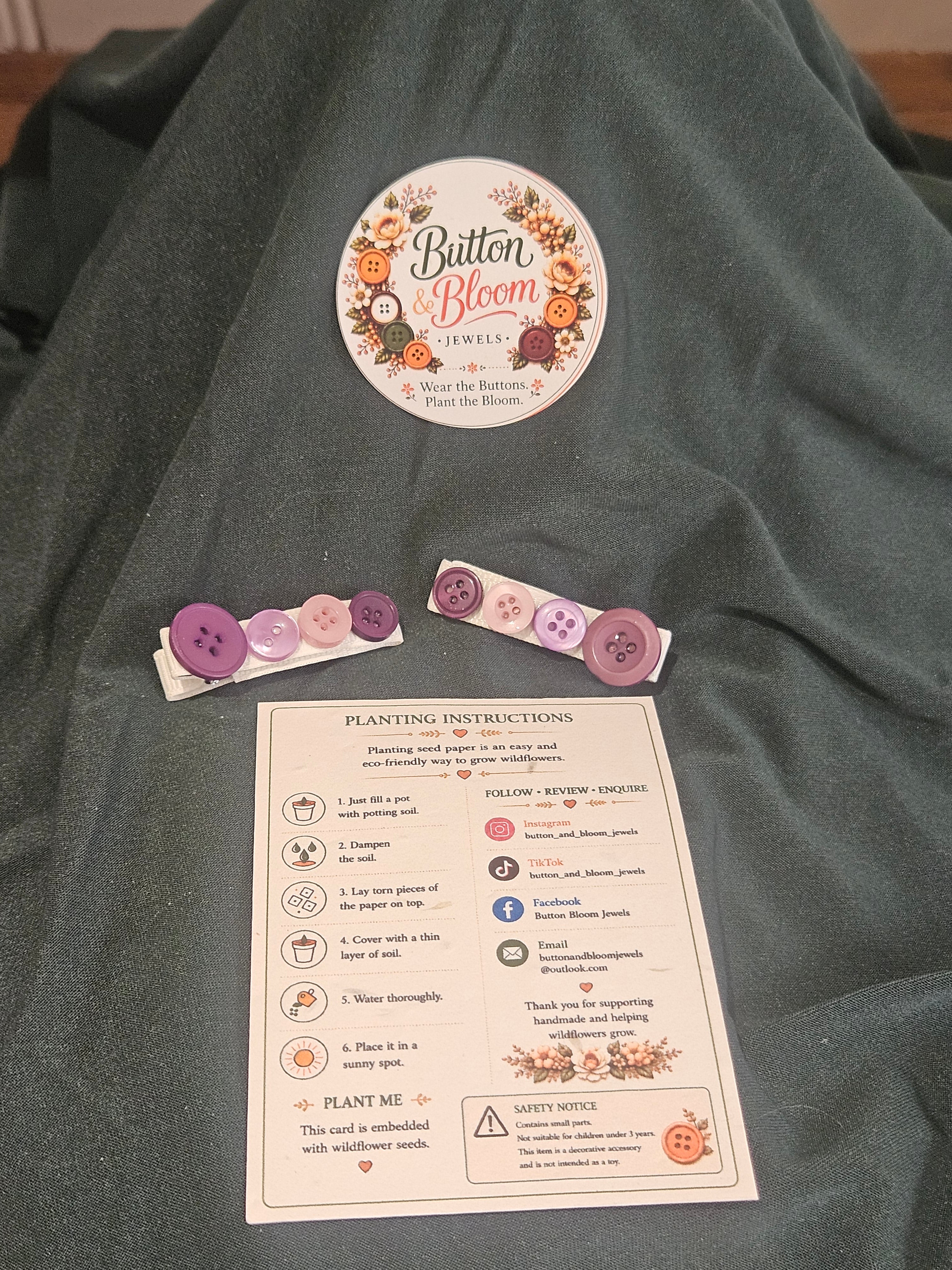 Purple recycled button alligator clips lined with cream ribbon