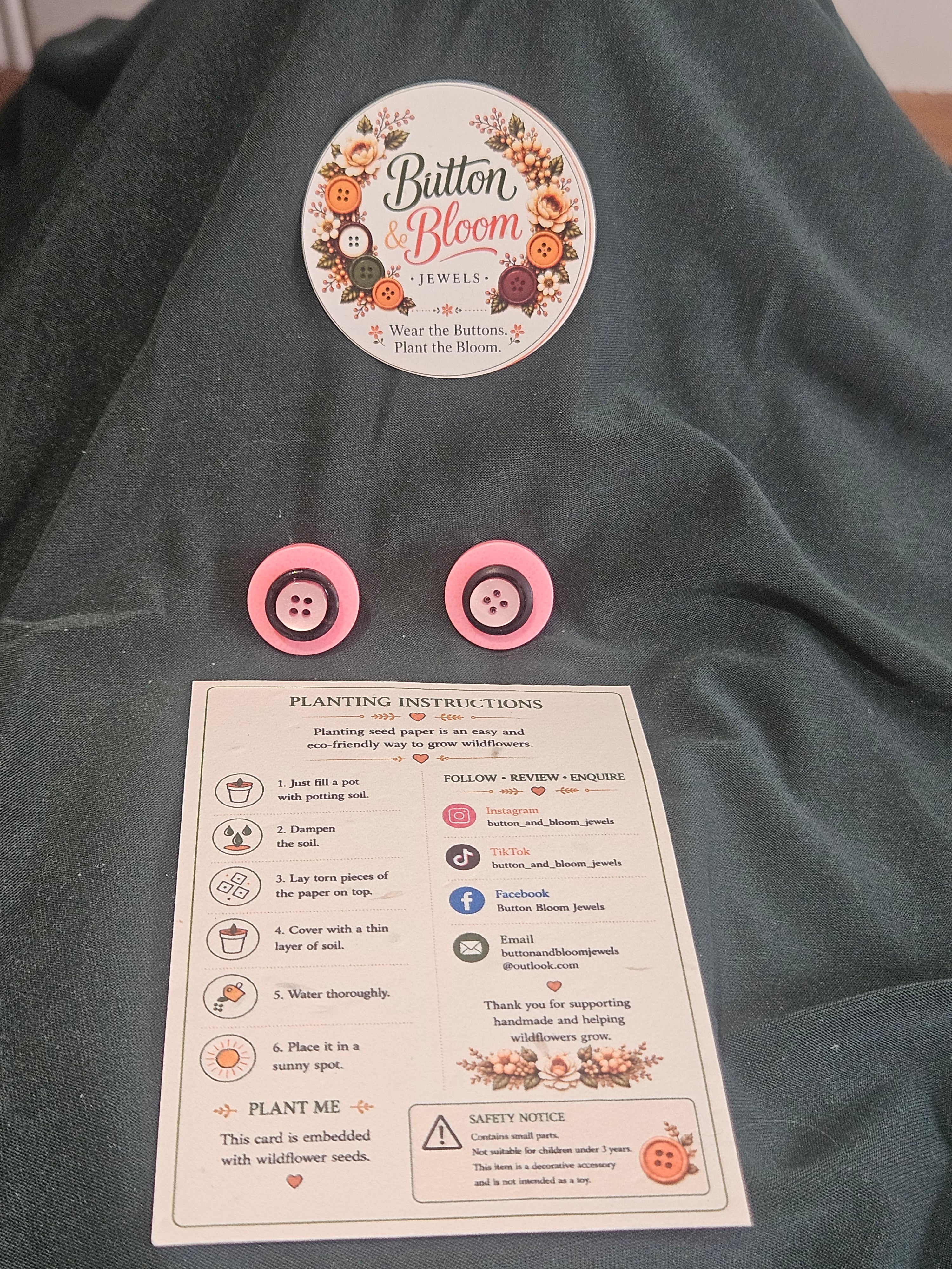 One of a kind triple stacked button clip on earring, Pink and black.
