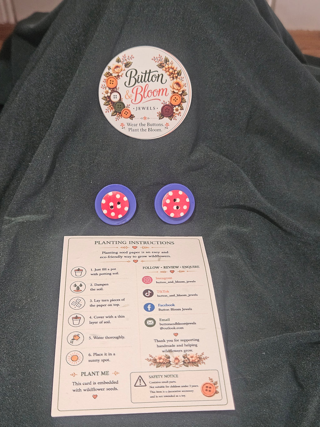 One of a kind blue, red and white polka dot double stacked button clip on earring set