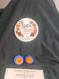 One of a kind double button clip on earring, blue and orange.
